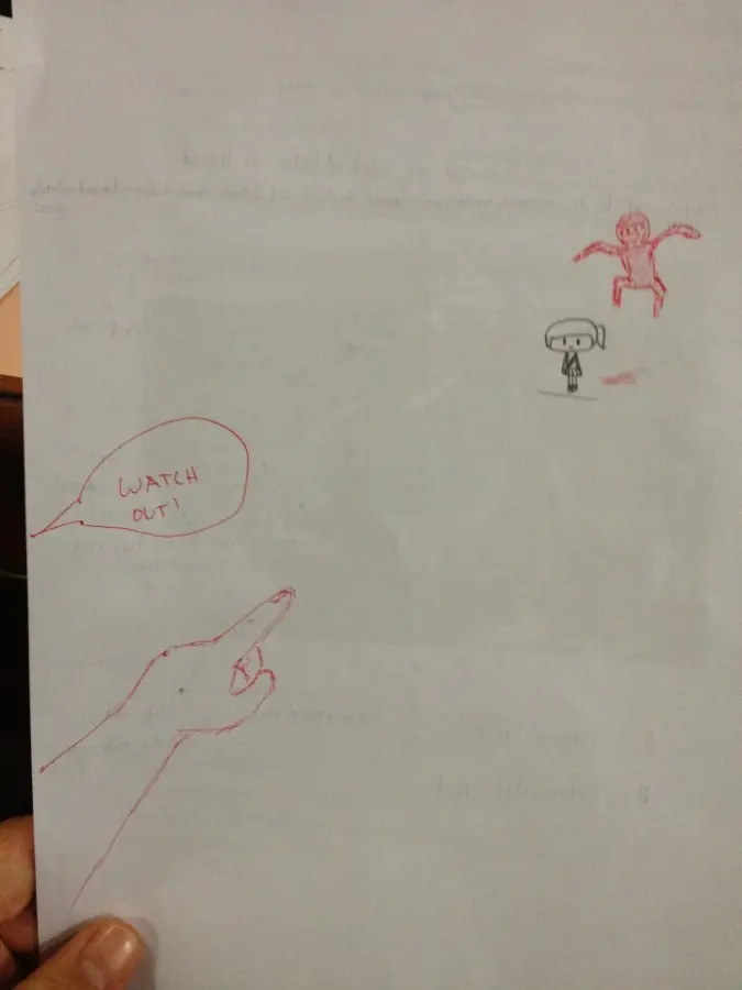 teacher doodles a hand pointing at an approaching figure on student's drawing