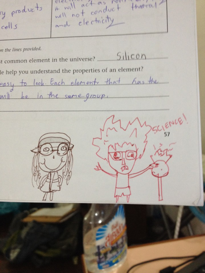 teacher doodles quirky character next to student's equally quirky drawing