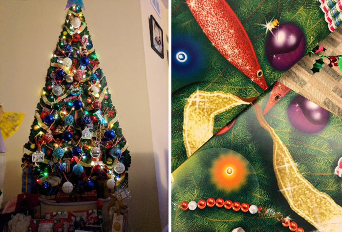 cardboard holiday tree with printed decor