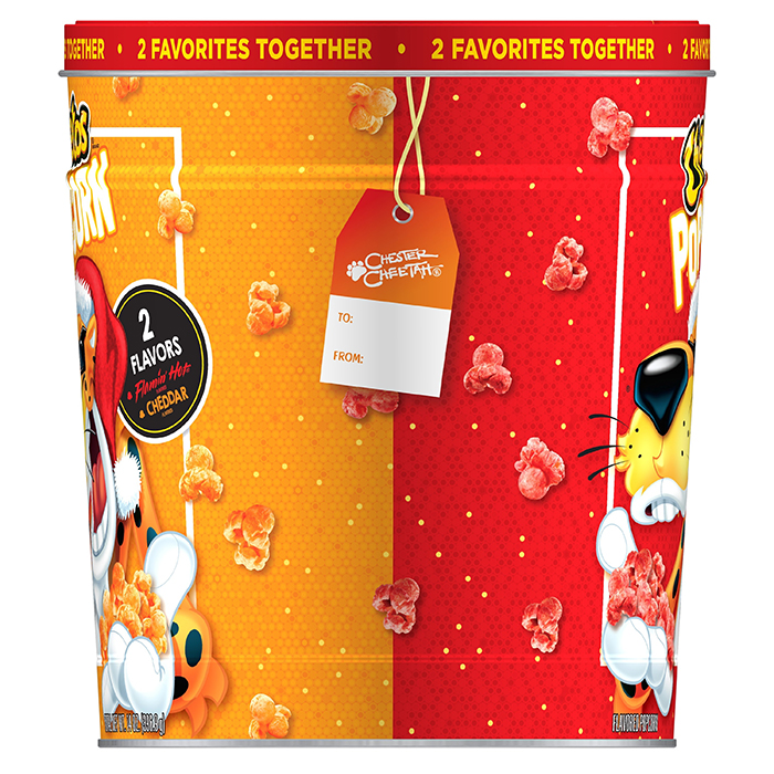 cheetos popcorn tin with gift tag