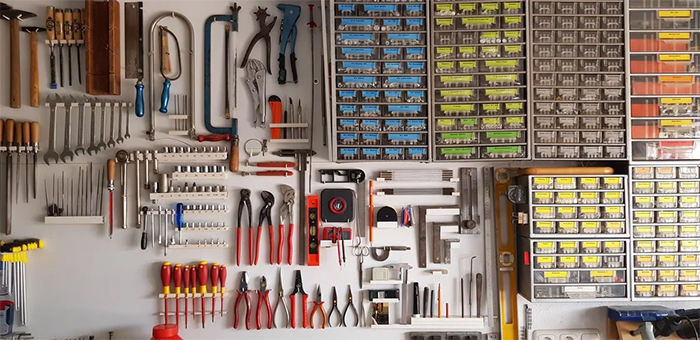 granddad shed organized color coded tools