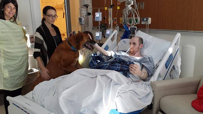 hospital patient petting a dog