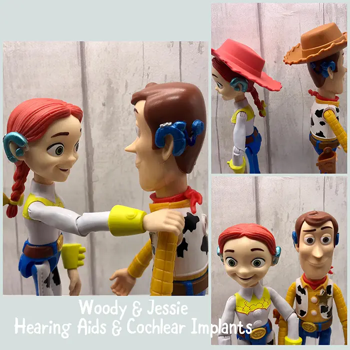 woody and jessie toy figures with hearing aids and cochlear implants