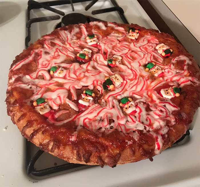 candy cane pizza with santa candies