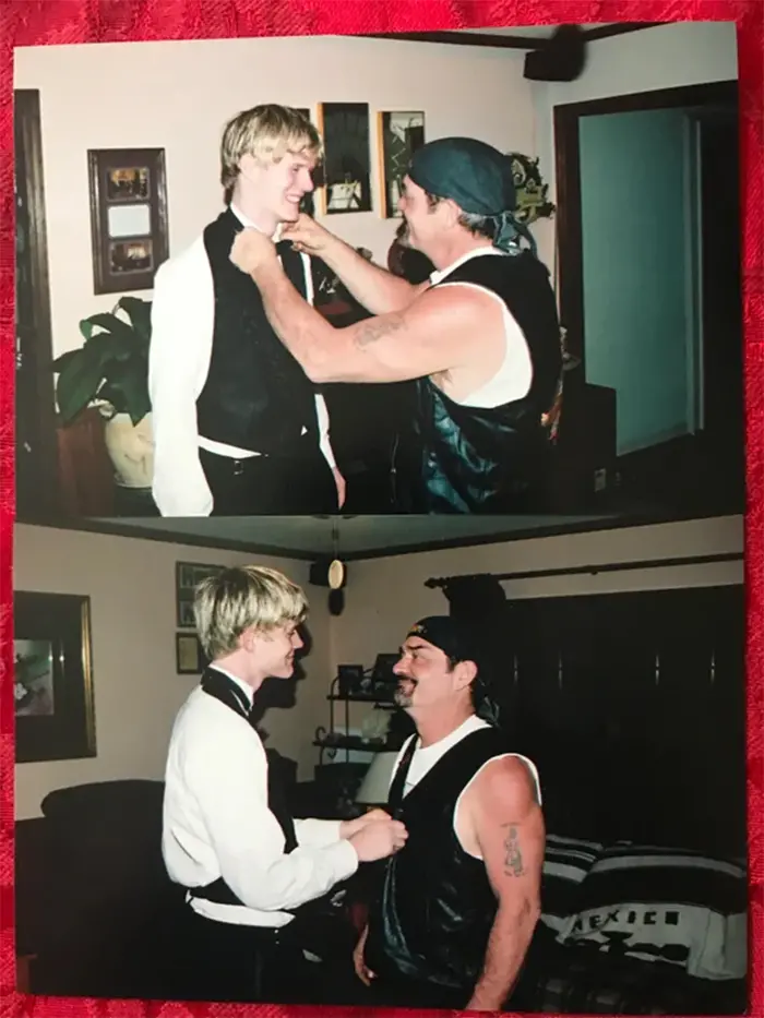 photo of dad fixing son bow tie