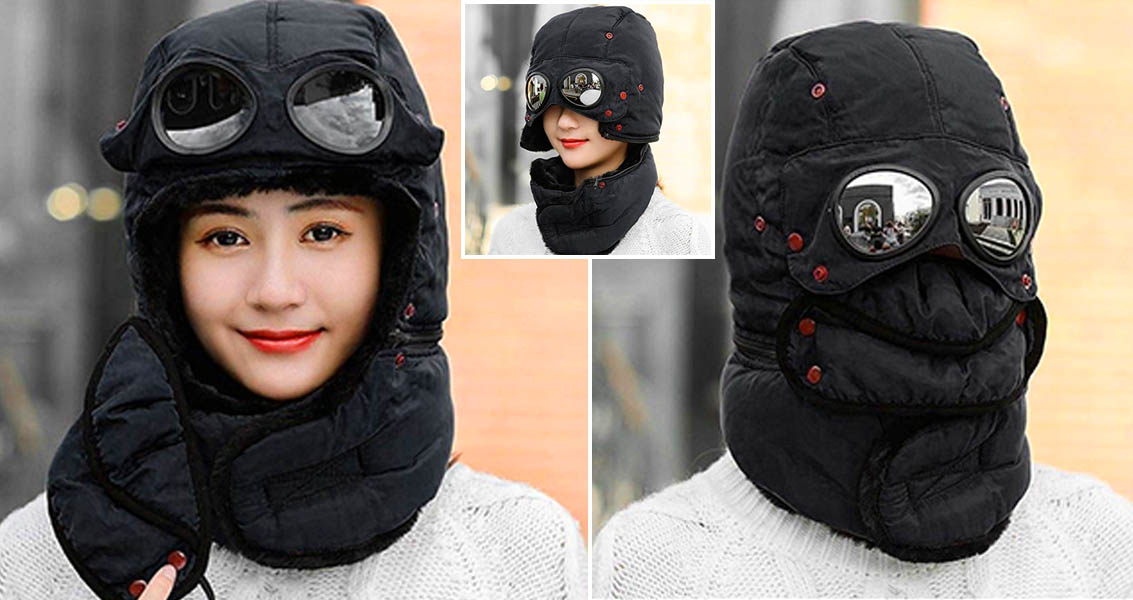 Winter Skiing Windproof Trapper Hat with Goggles Thermal Unisex Scarf Fleece Cap 