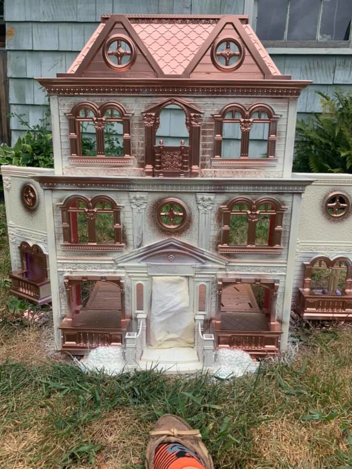 2nd dollhouse repainted with cream and rose gold color scheme