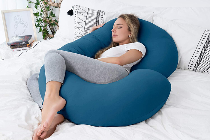 c-shaped blue jersey knit maternity pillows