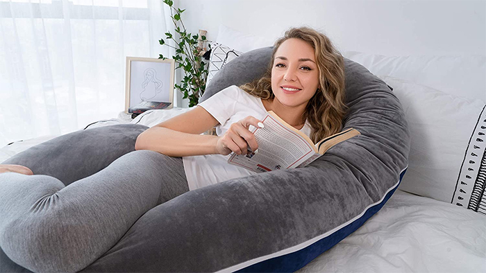 c-shaped pregnancy pillow grey blue velvet multifunctional