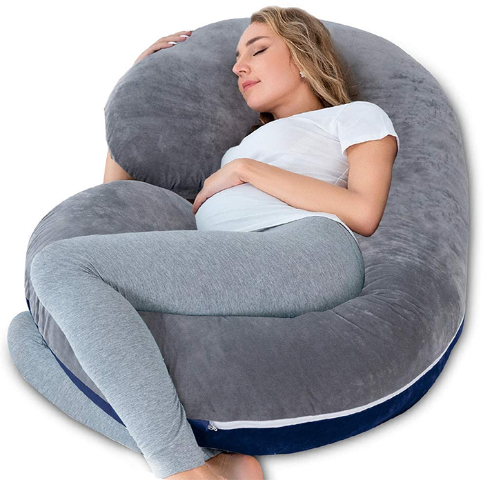 c-shaped pregnancy pillow grey blue velvet