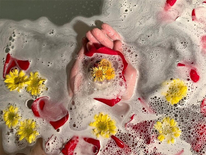 calendula bath bomb with real flowers