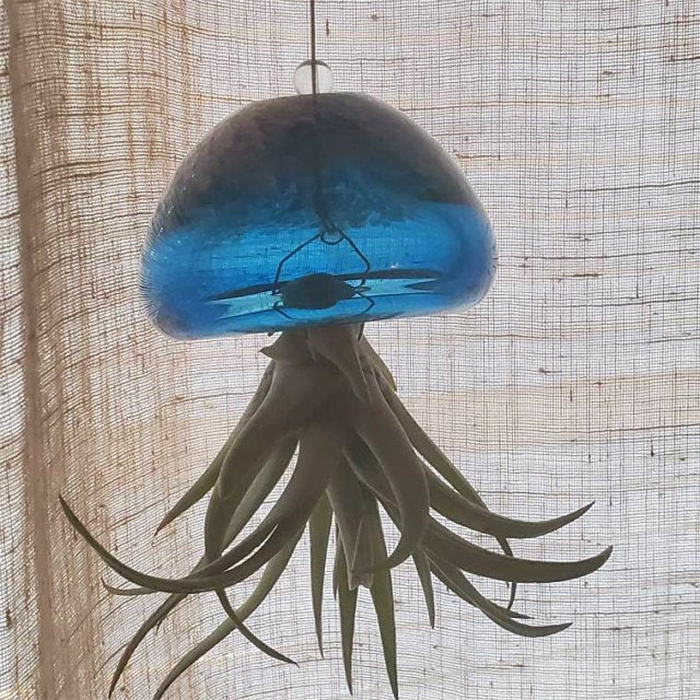 hand blown glass hanging planter light blue