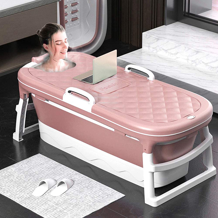 lady relaxing in collapsible spa tub with thermostatic cover