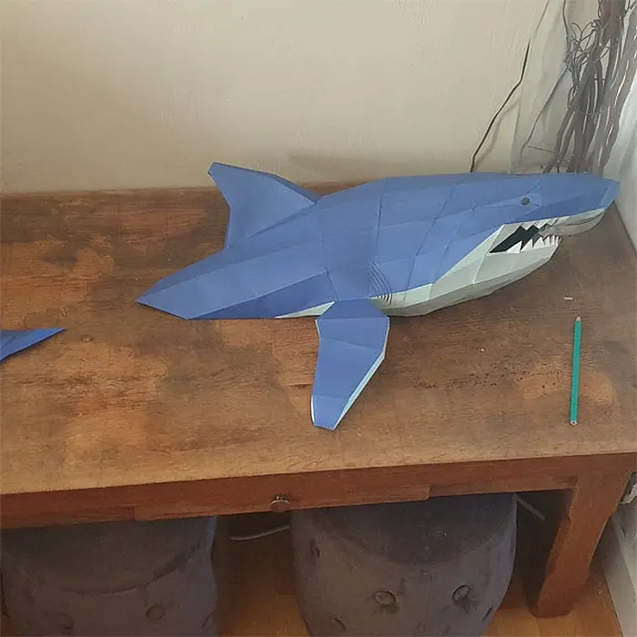 low poly shark paper sculpture decor