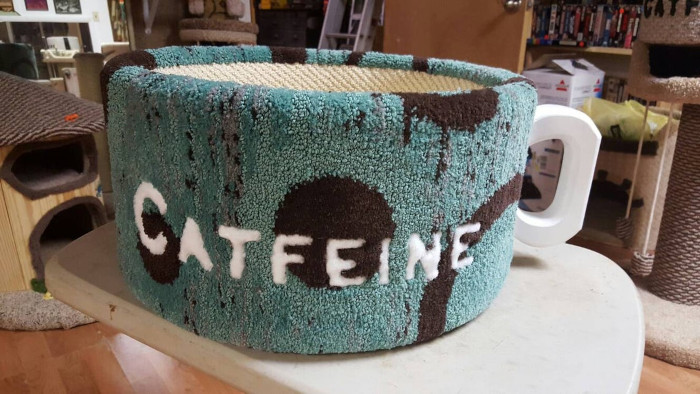 teal and black catfeine coffee mug cat bed