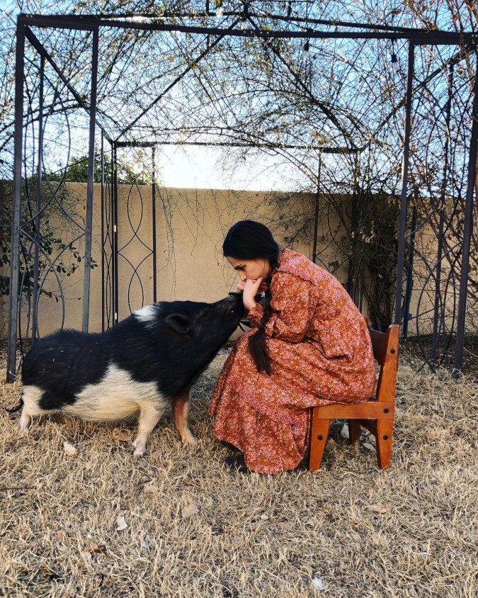 Corrie Bubbico wears an orange prairie dress and poses alongside her pet hog in her Target dress roasting submission