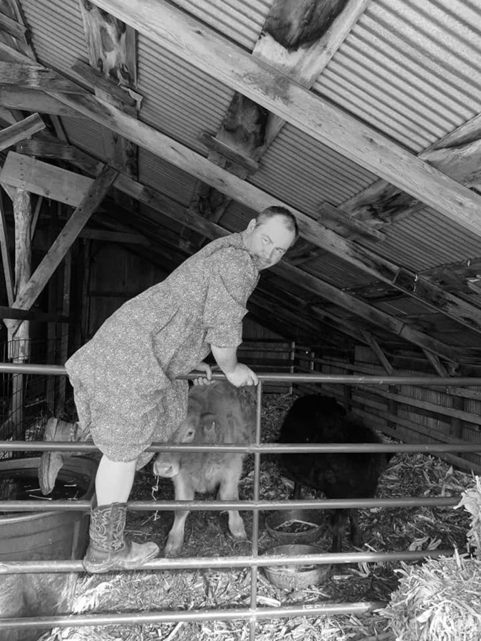 Man hoists himself up over the cattle enclosure to participate in Target dress roasting