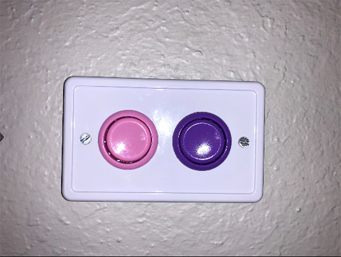 arcade-inspired wall plate pink purple buttons