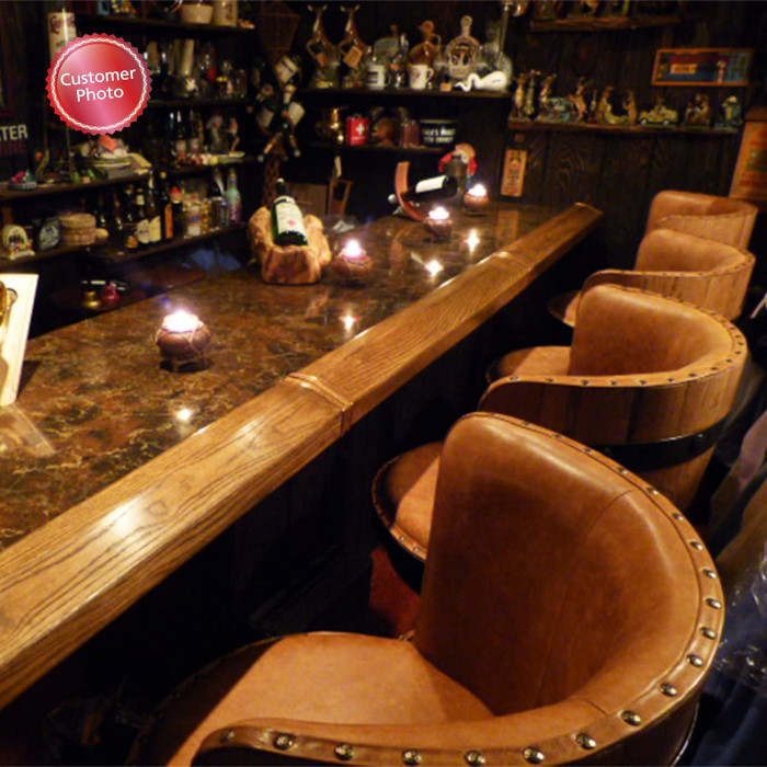 customer photo of reclaimed tequila barrel bar stools