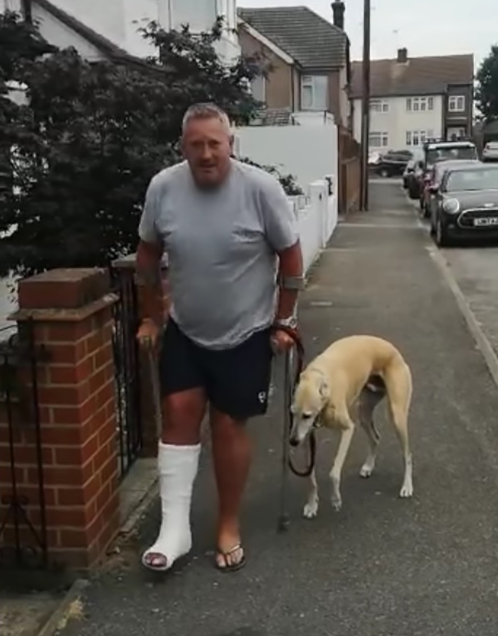 dog imitating injured owner using crutches