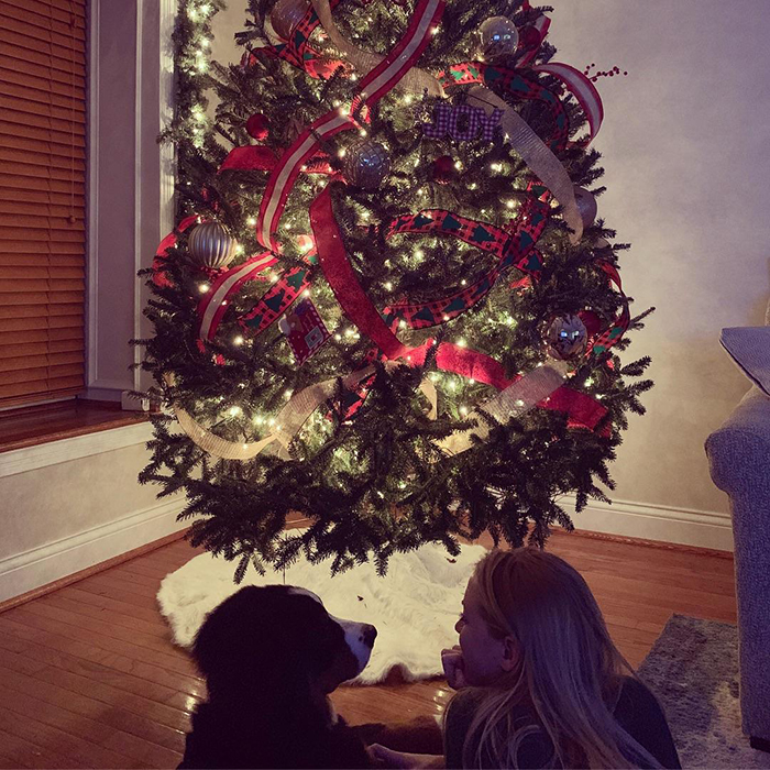 dog sitting in front of christmas tree with owner's girlfriend