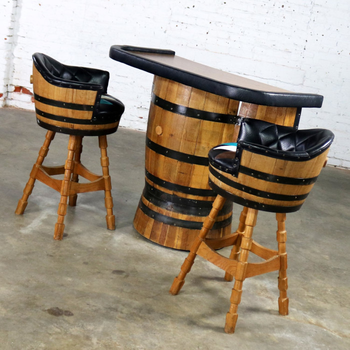 midcentury whiskey barrel bar table and stools