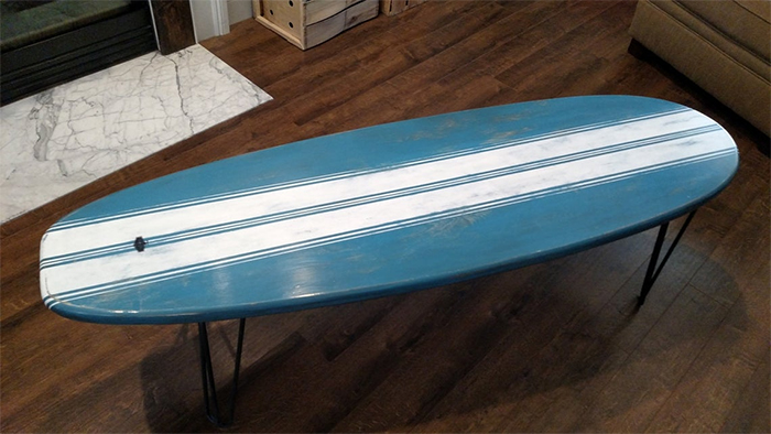 surfboard coffee table blue white stripe
