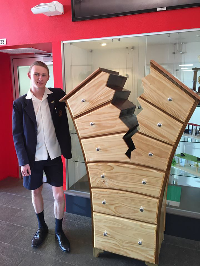woodworking skills split cabinet by 16-year-old student