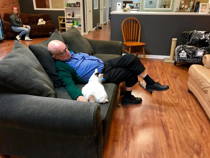 Safe Haven Pet Sanctuary volunteer Terry naps with one of the shelter cats