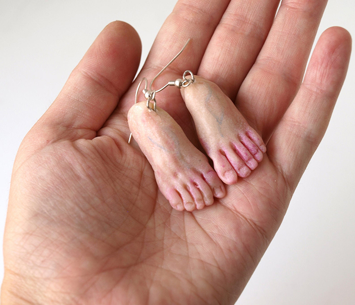 weirdsculpture human foot earrings