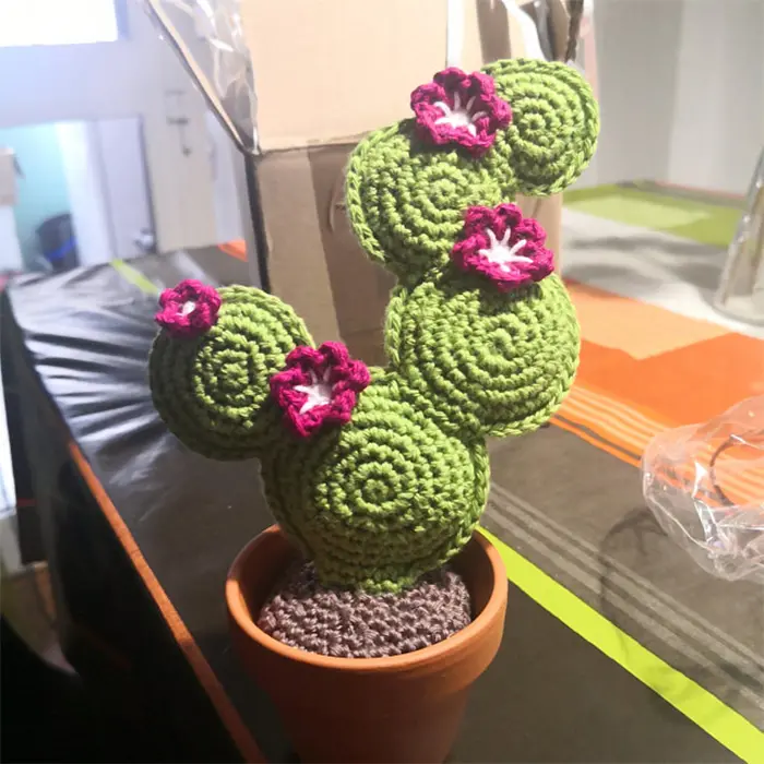 crocheted faux plant with flowers