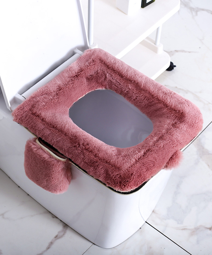 square fluffy toilet seat cover with phone holder
