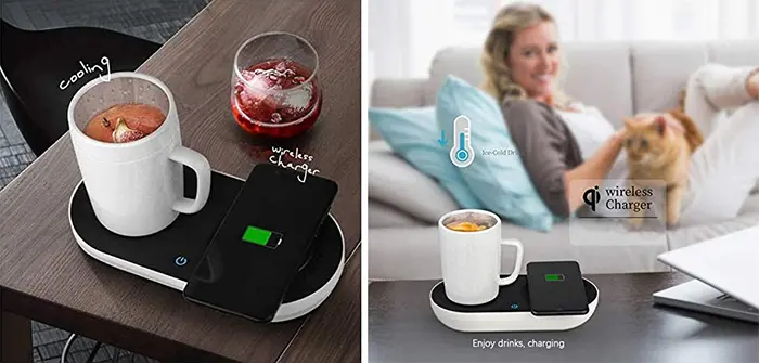 heating or cooling beverage base with wireless charging