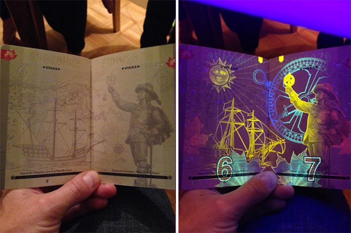 canadian passport under black light