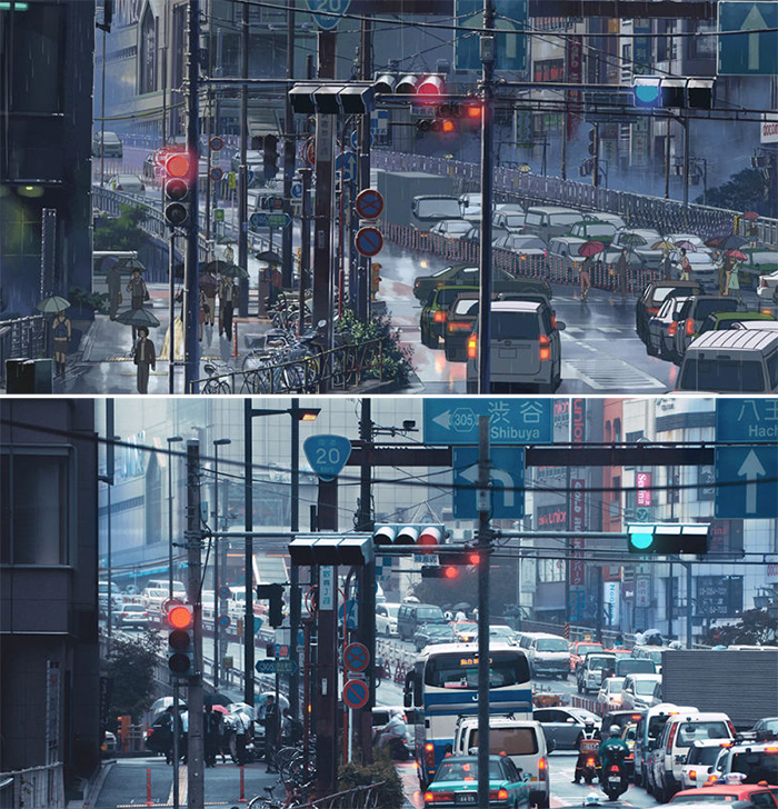 comparison images anime vs reality city street