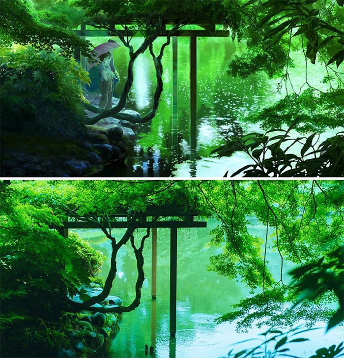 comparison images anime vs reality green pond