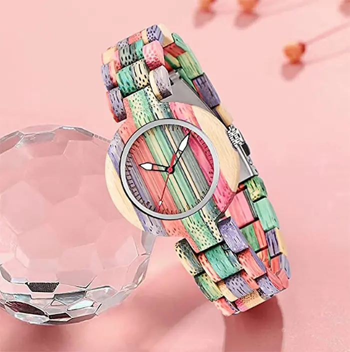 multi-colored wood wristwatch for women