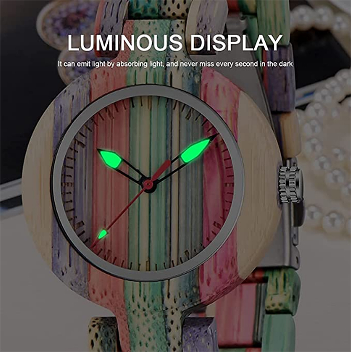 multi-colored wood wristwatch luminous display