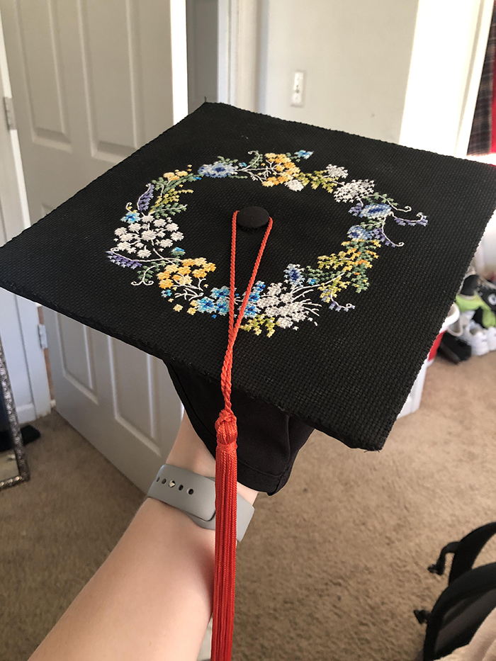 counted-thread embroidery art floral wreath on graduation hat