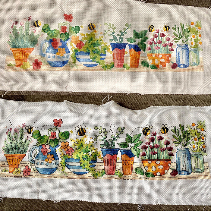 counted-thread embroidery art plants and bees before and after backstitching