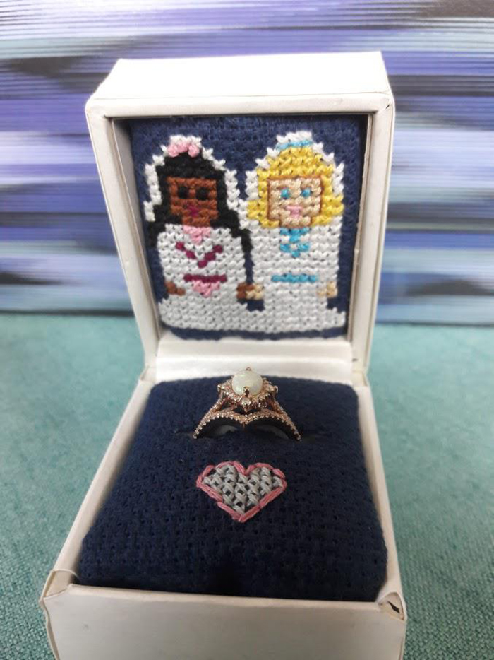 counted-thread embroidery art ring box for fiancee