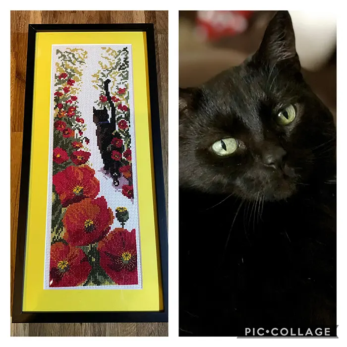 cross-stitch art black cat in garden