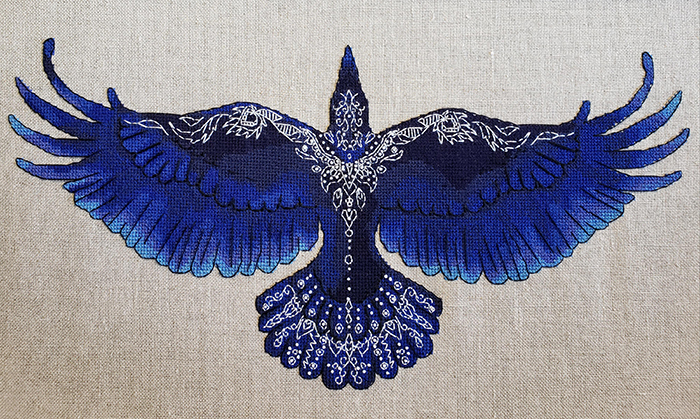 cross-stitch art blue raven