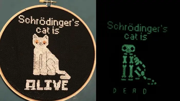 cross-stitch art glow in the dark schrodinger's cat