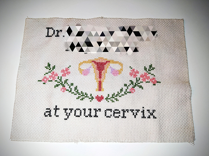 cross-stitch art gynecologist pun