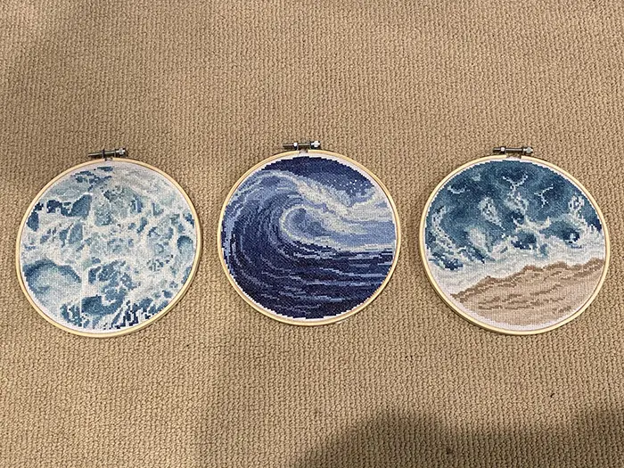 cross-stitch art ocean triptych