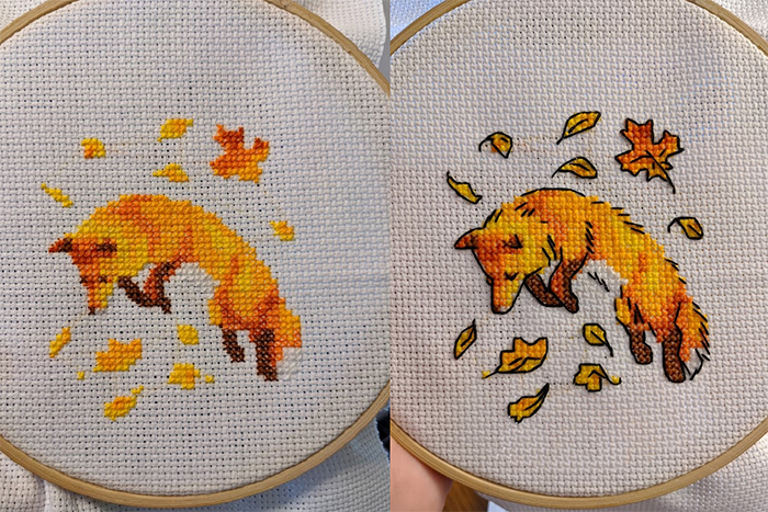 cross-stitch art wolf before and after backstitching