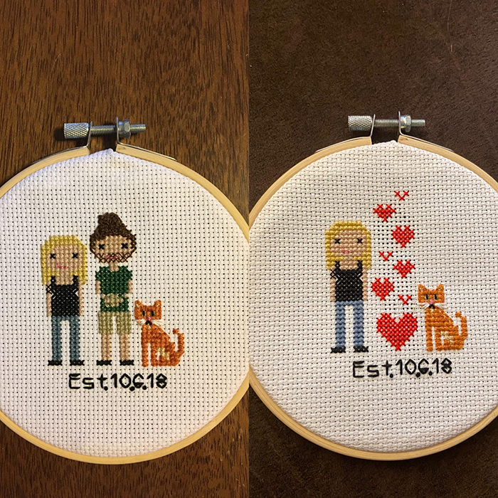 cross-stitch art woman with boyfriend and cat