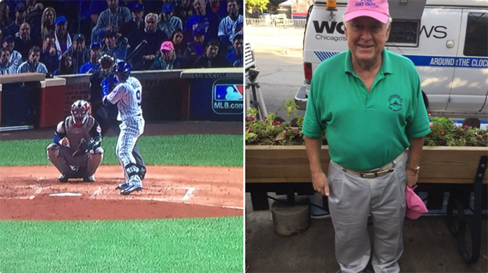 elderly man wearing pink hat to prove loyalty towards wife