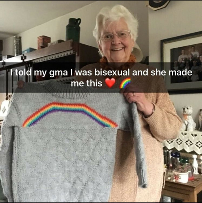 grandmother knitted rainbow sweater for bisexual grandchild